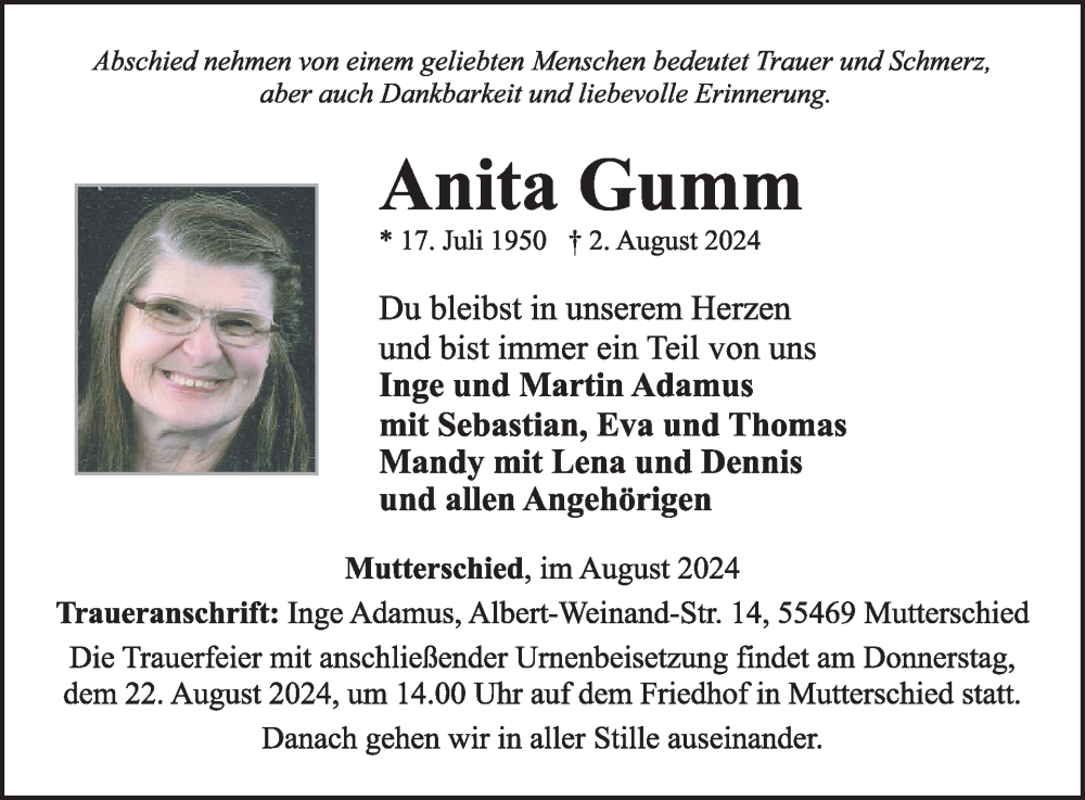  Traueranzeige für Anita Gumm vom 17.08.2024 aus WochenSpiegel