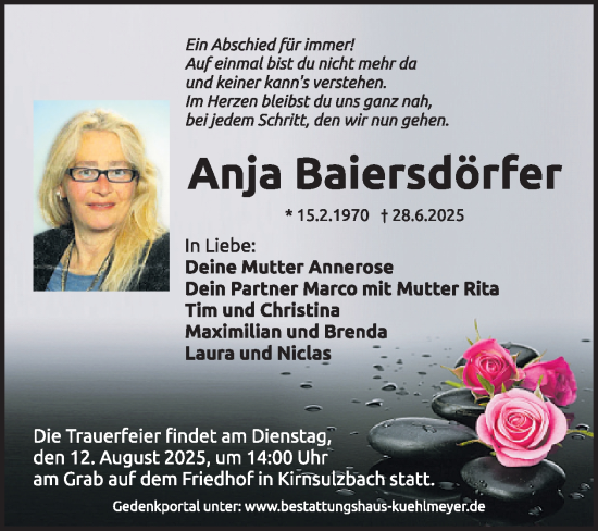 Traueranzeige von Anja Baiersdörfer von WochenSpiegel