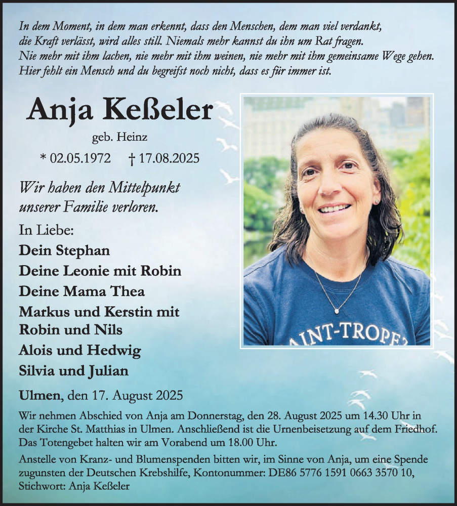  Traueranzeige für Anja Keßeler vom 20.08.2025 aus WochenSpiegel