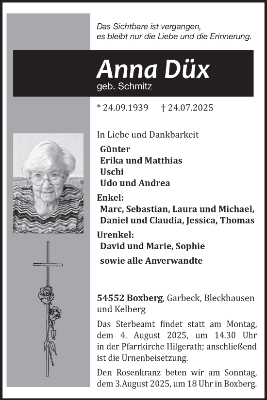 Traueranzeige von Anna Düx von WochenSpiegel