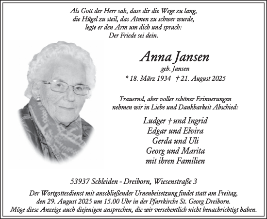 Traueranzeige von Anna Jansen von WochenSpiegel