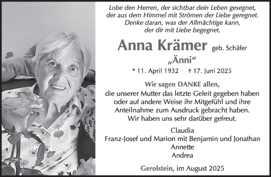 Traueranzeige von Anna Krämer von WochenSpiegel
