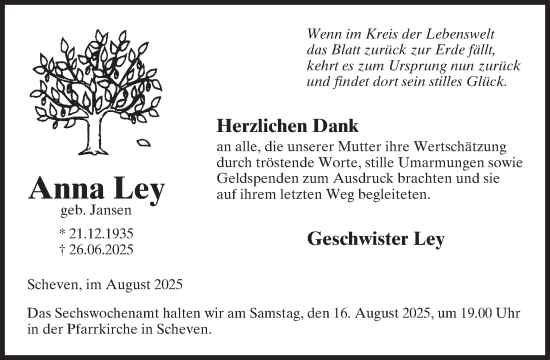 Traueranzeige von Anna Ley von WochenSpiegel