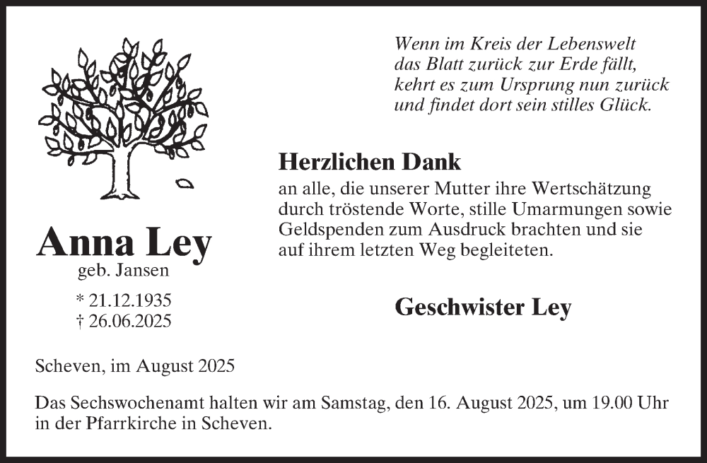  Traueranzeige für Anna Ley vom 06.08.2025 aus WochenSpiegel