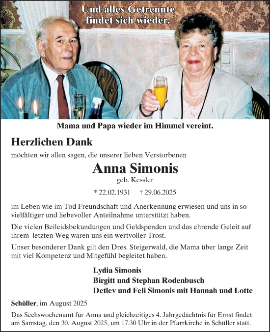 Traueranzeige von Anna Simonis von WochenSpiegel