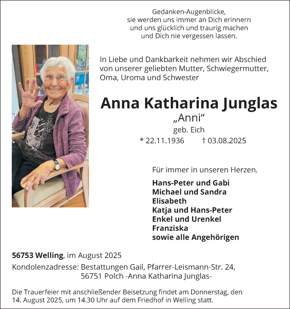  Traueranzeige für Anna Katharina Junglas vom 13.08.2025 aus WochenSpiegel