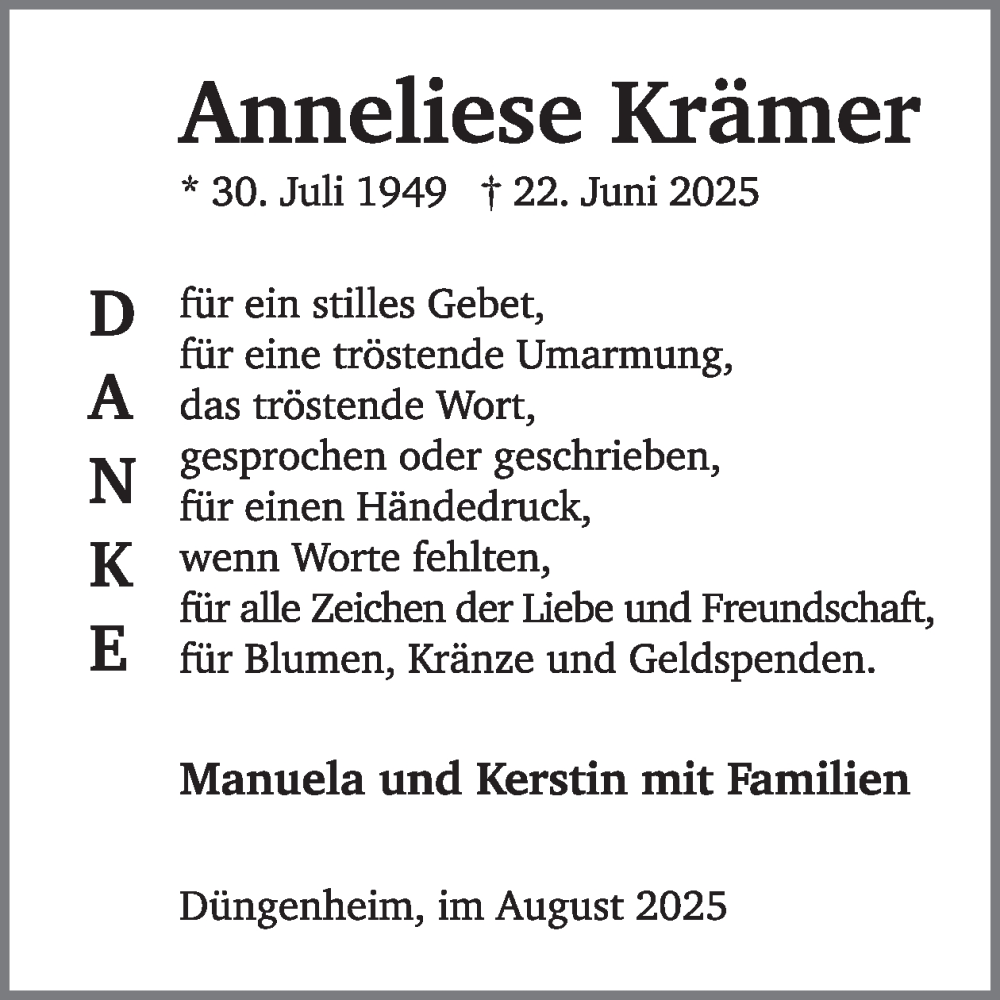  Traueranzeige für Anneliese Krämer vom 20.08.2025 aus WochenSpiegel