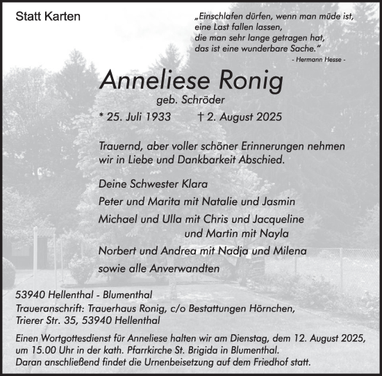 Traueranzeige von Anneliese Ronig von WochenSpiegel