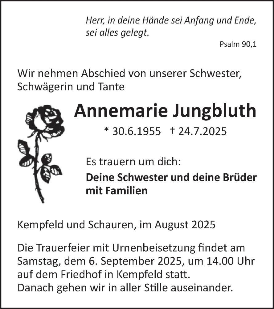  Traueranzeige für Annemarie Jungbluth vom 30.08.2025 aus WochenSpiegel