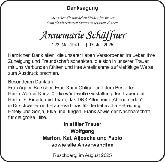 Traueranzeige von Annemarie Schäffner von WochenSpiegel