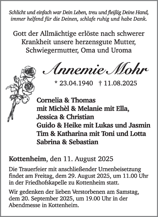 Traueranzeige von Annemie Mohr von WochenSpiegel