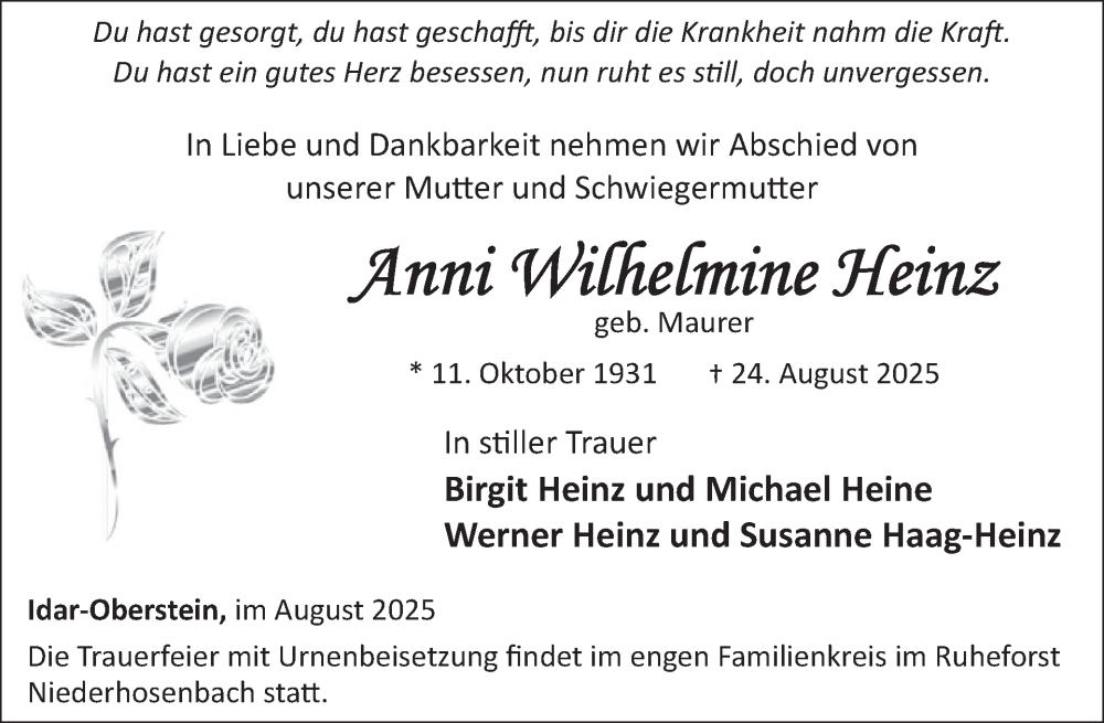  Traueranzeige für Anni Wilhelmine Heinz vom 30.08.2025 aus WochenSpiegel