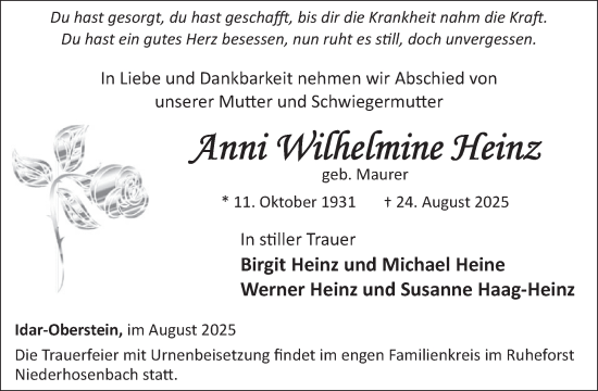 Traueranzeige von Anni Wilhelmine Heinz von WochenSpiegel