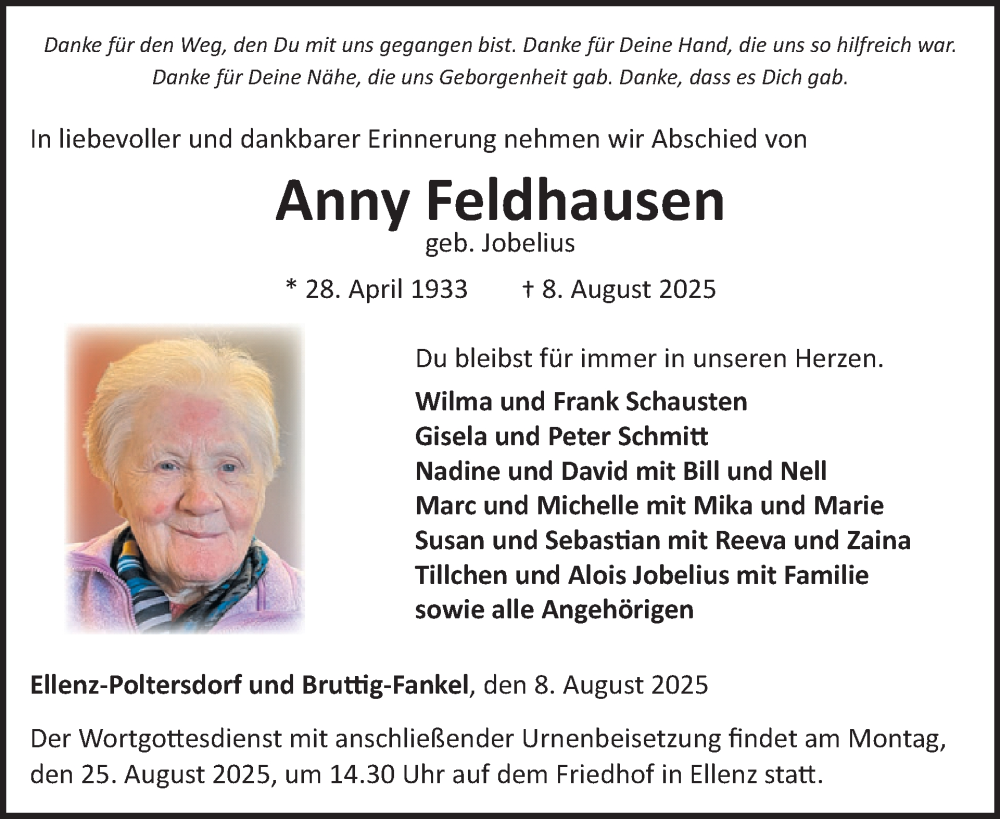  Traueranzeige für Anny Feldhausen vom 20.08.2025 aus WochenSpiegel