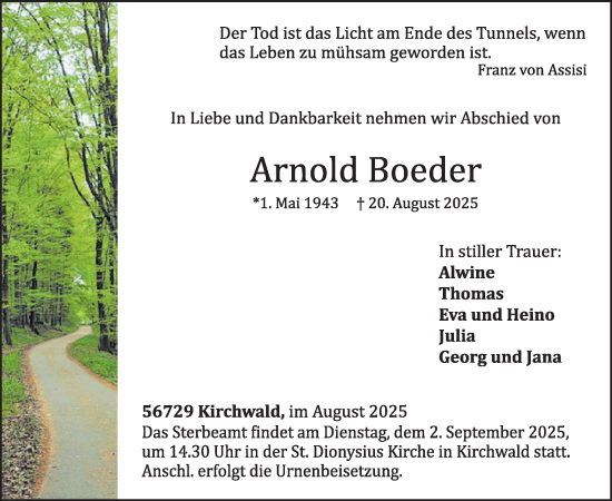 Traueranzeige von Arnold Boeder von WochenSpiegel