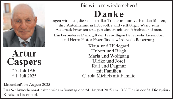 Traueranzeige von Artur Caspers von WochenSpiegel