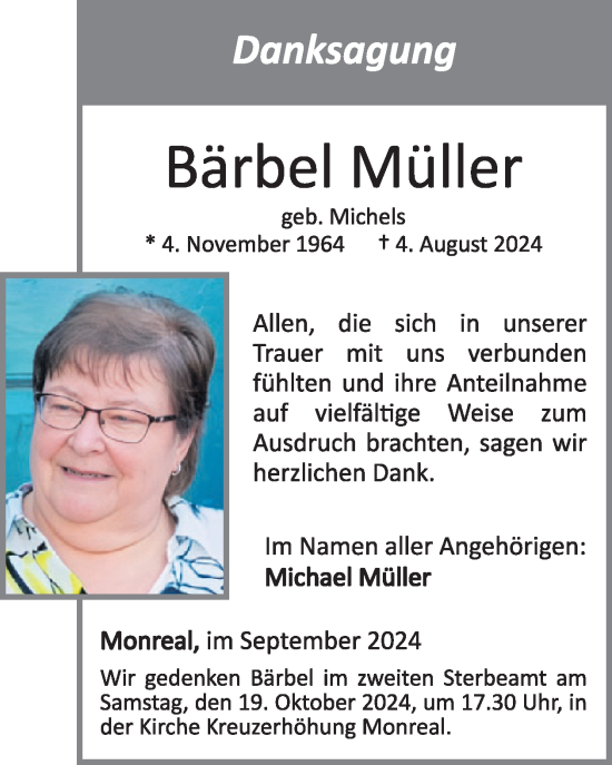 Traueranzeige von Bärbel Müller von WochenSpiegel