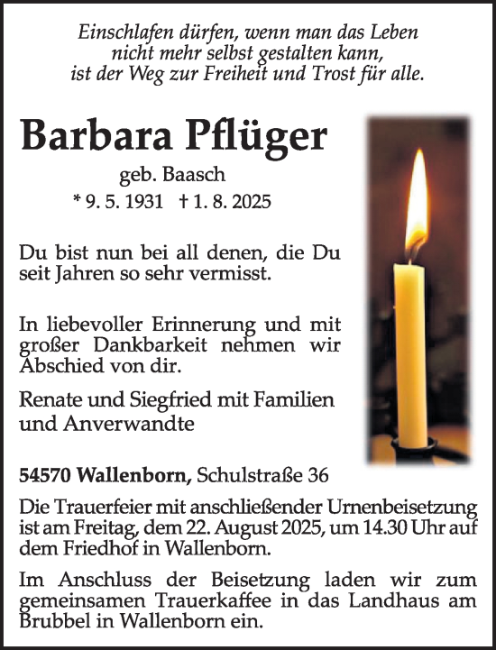 Traueranzeige von Barbara Pflüger von WochenSpiegel