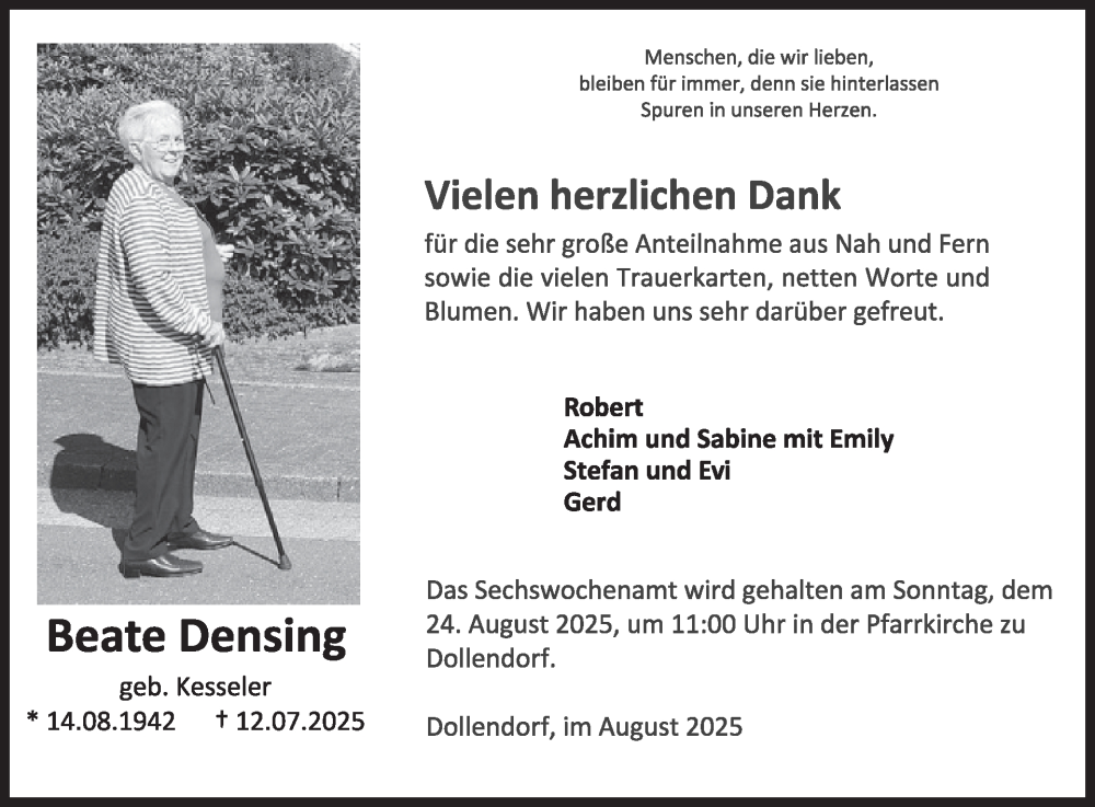  Traueranzeige für Beate Densing vom 16.08.2025 aus WochenSpiegel