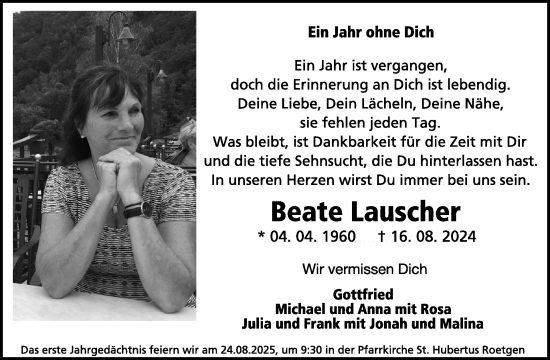 Traueranzeige von Beate Lauscher von WochenSpiegel