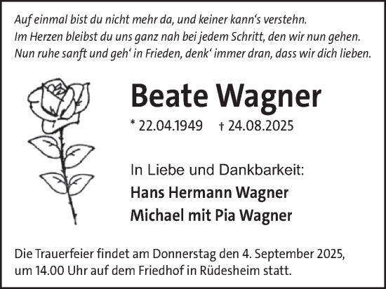 Traueranzeige von Beate Wagner von WochenSpiegel