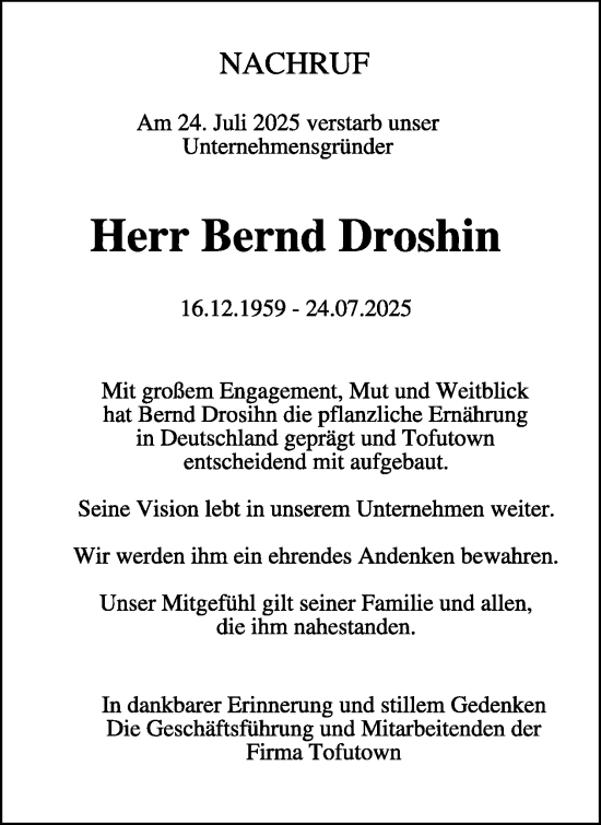 Traueranzeige von Bernd Drosihn von WochenSpiegel