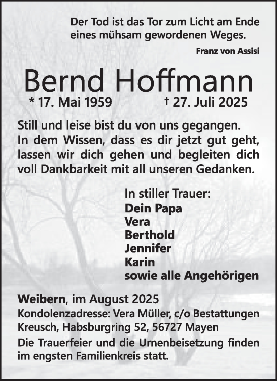 Traueranzeige von Bernd Hoffmann von WochenSpiegel