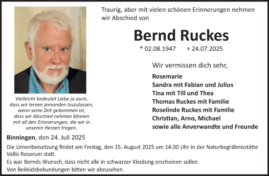 Traueranzeige von Bernd Ruckes von WochenSpiegel