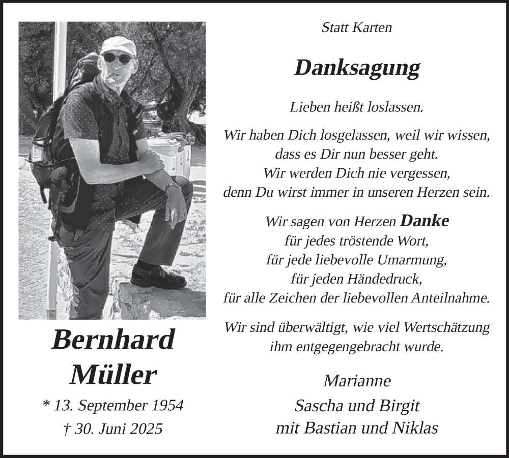  Traueranzeige für Bernhard Müller vom 06.08.2025 aus WochenSpiegel