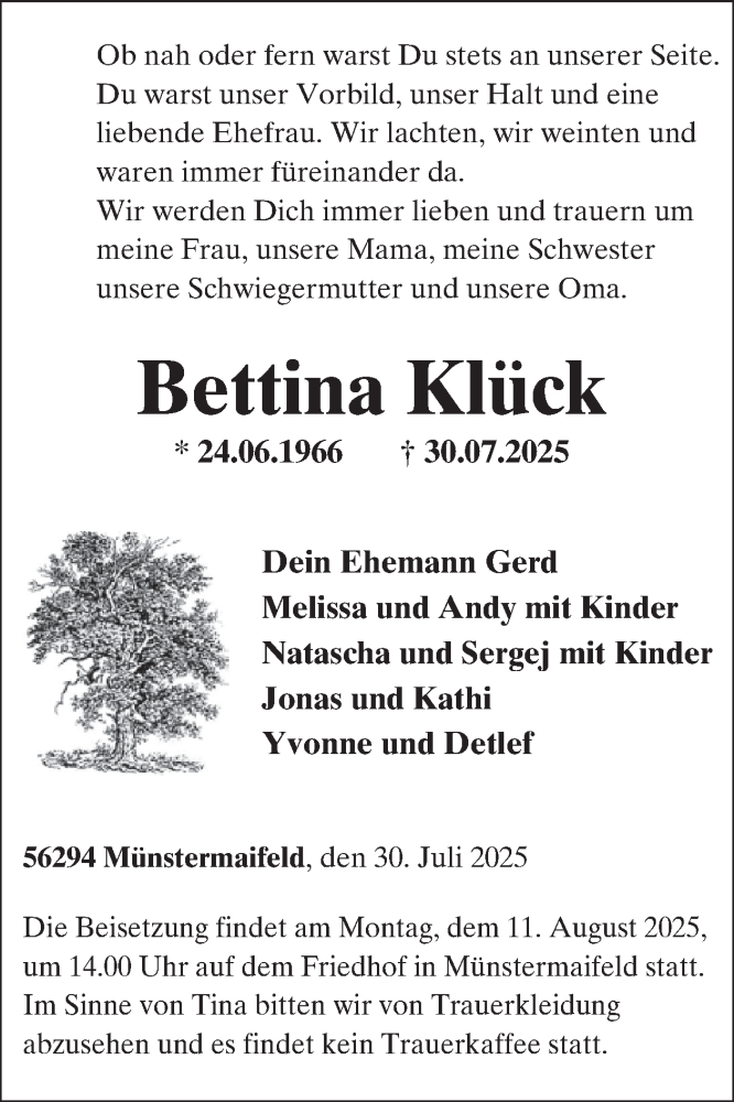  Traueranzeige für Bettina Klück vom 06.08.2025 aus WochenSpiegel