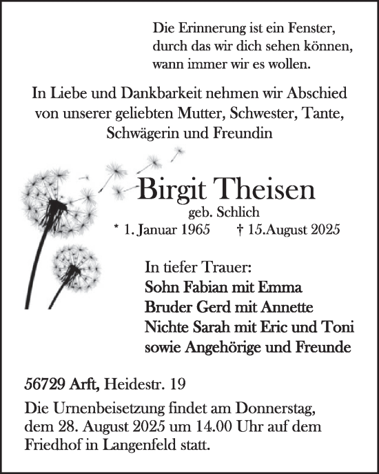 Traueranzeige von Birgit Theisen von WochenSpiegel