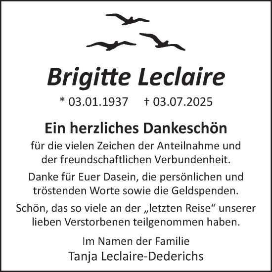 Traueranzeige von Brigitte Leclaire von WochenSpiegel