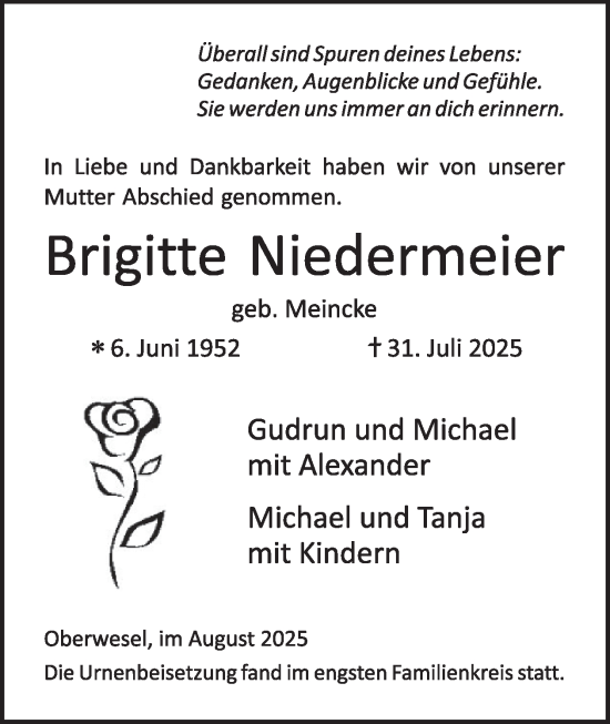 Traueranzeige von Brigitte Niedermeier von WochenSpiegel