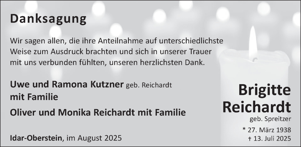  Traueranzeige für Brigitte Reichardt vom 16.08.2025 aus WochenSpiegel