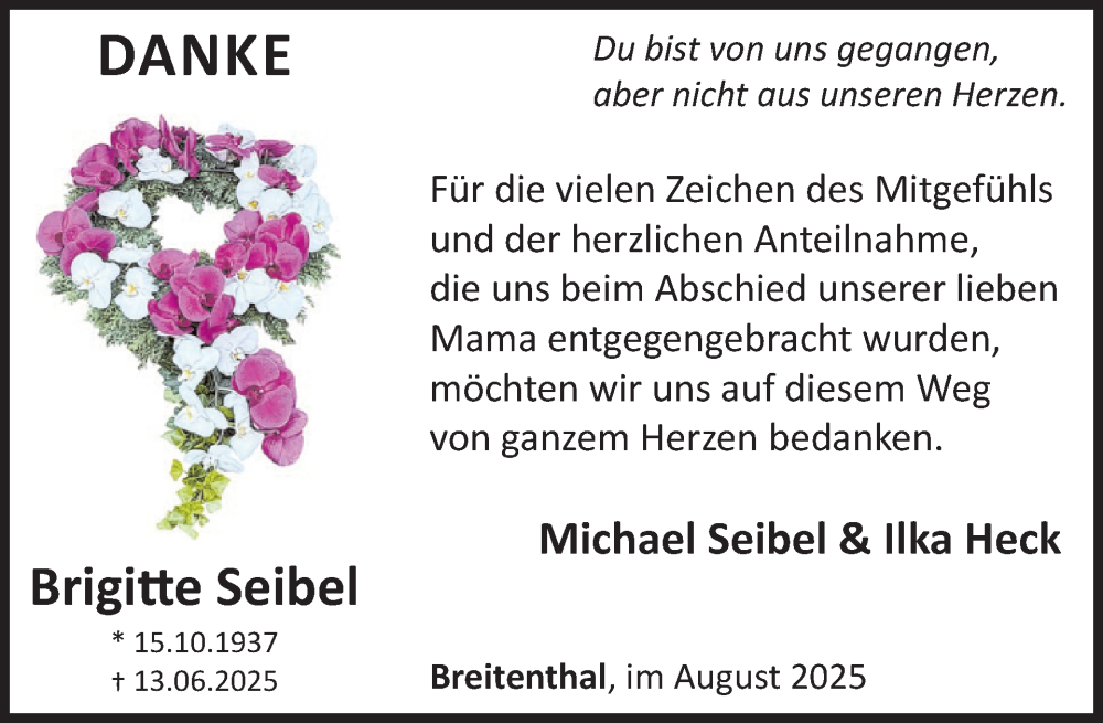  Traueranzeige für Brigitte Seibel vom 02.08.2025 aus WochenSpiegel