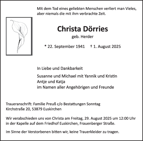 Traueranzeige von Christa Dörries von WochenSpiegel