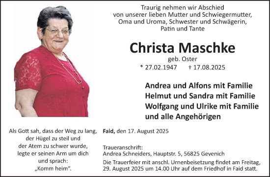 Traueranzeige von Christa Maschke von WochenSpiegel