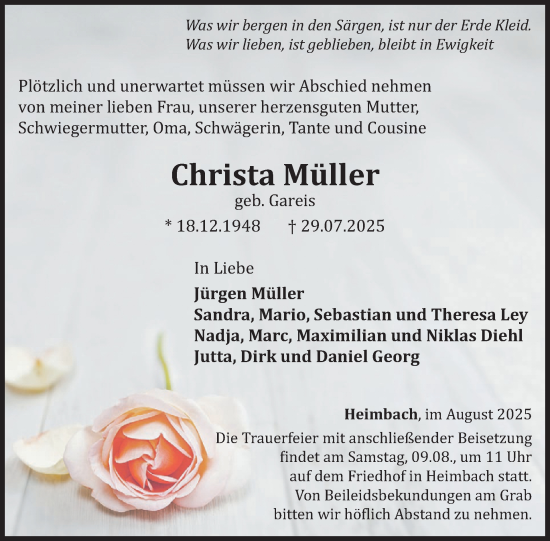 Traueranzeige von Christa Müller von WochenSpiegel