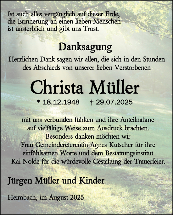 Traueranzeige von Christa Müller von WochenSpiegel