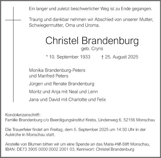 Traueranzeige von Christel Brandenburg von WochenSpiegel