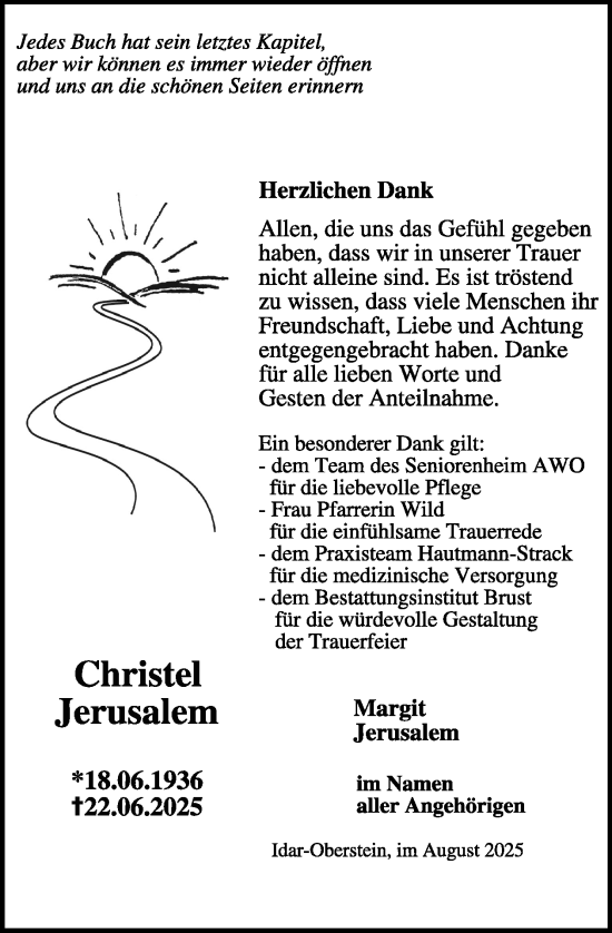 Traueranzeige von Christel Jerusalem von WochenSpiegel