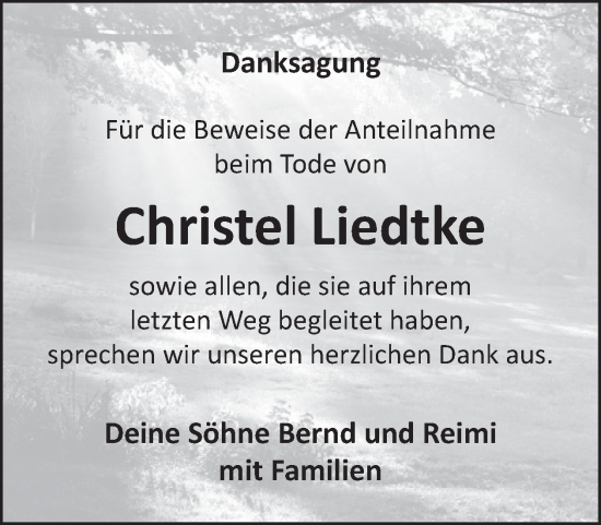 Traueranzeige von Christel Liedtke von WochenSpiegel
