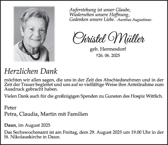 Traueranzeige von Christel Müller von WochenSpiegel