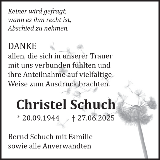Traueranzeige von Christel Schuch von WochenSpiegel