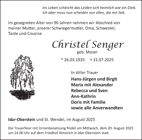 Traueranzeige von Christel Senger von WochenSpiegel