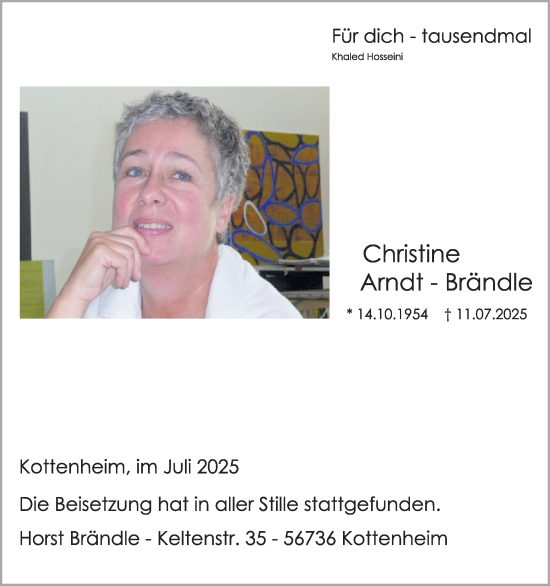 Traueranzeige von Christine Arndt-Brändle von WochenSpiegel