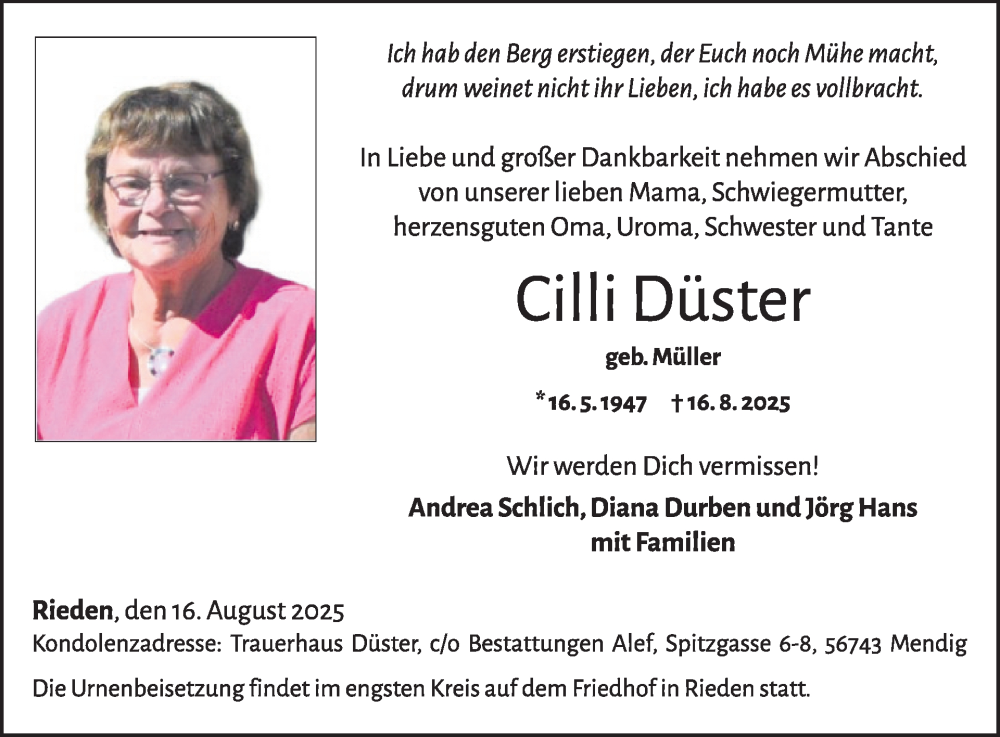  Traueranzeige für Cilli Düster vom 27.08.2025 aus WochenSpiegel
