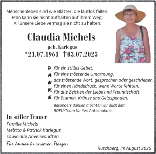 Traueranzeige von Claudia Michels von WochenSpiegel
