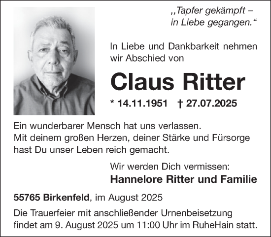 Traueranzeige von Claus Ritter von WochenSpiegel