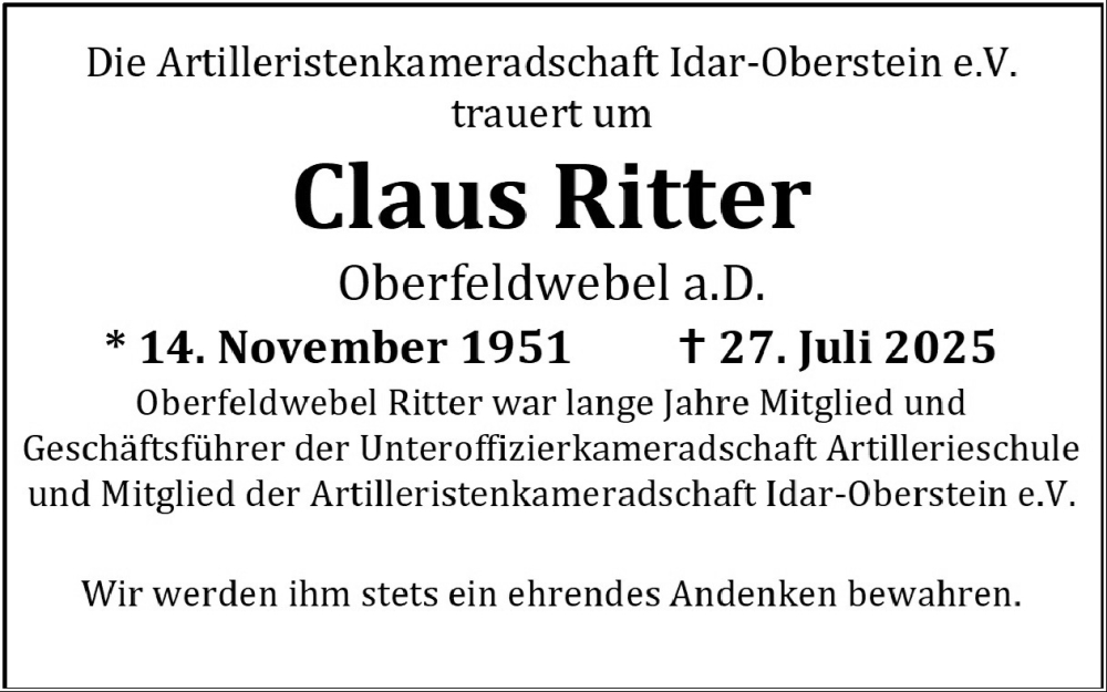  Traueranzeige für Claus Ritter vom 09.08.2025 aus WochenSpiegel